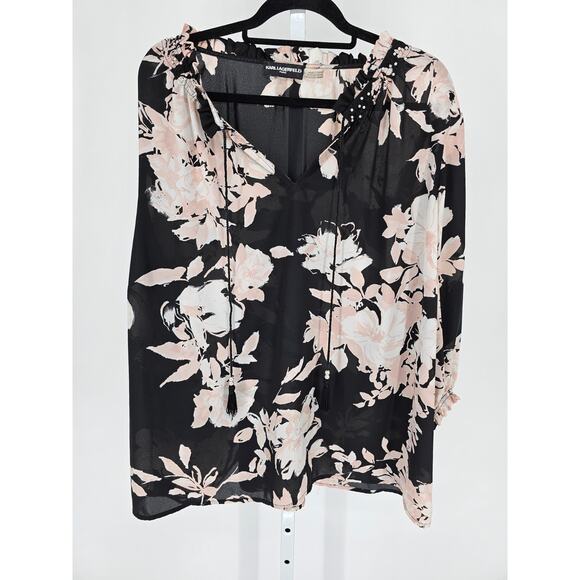 Karl Lagerfeld Tops - Karl Lagerfeld paris Womens Sz 2X Long Sleeve Blouse Black Pink Floral